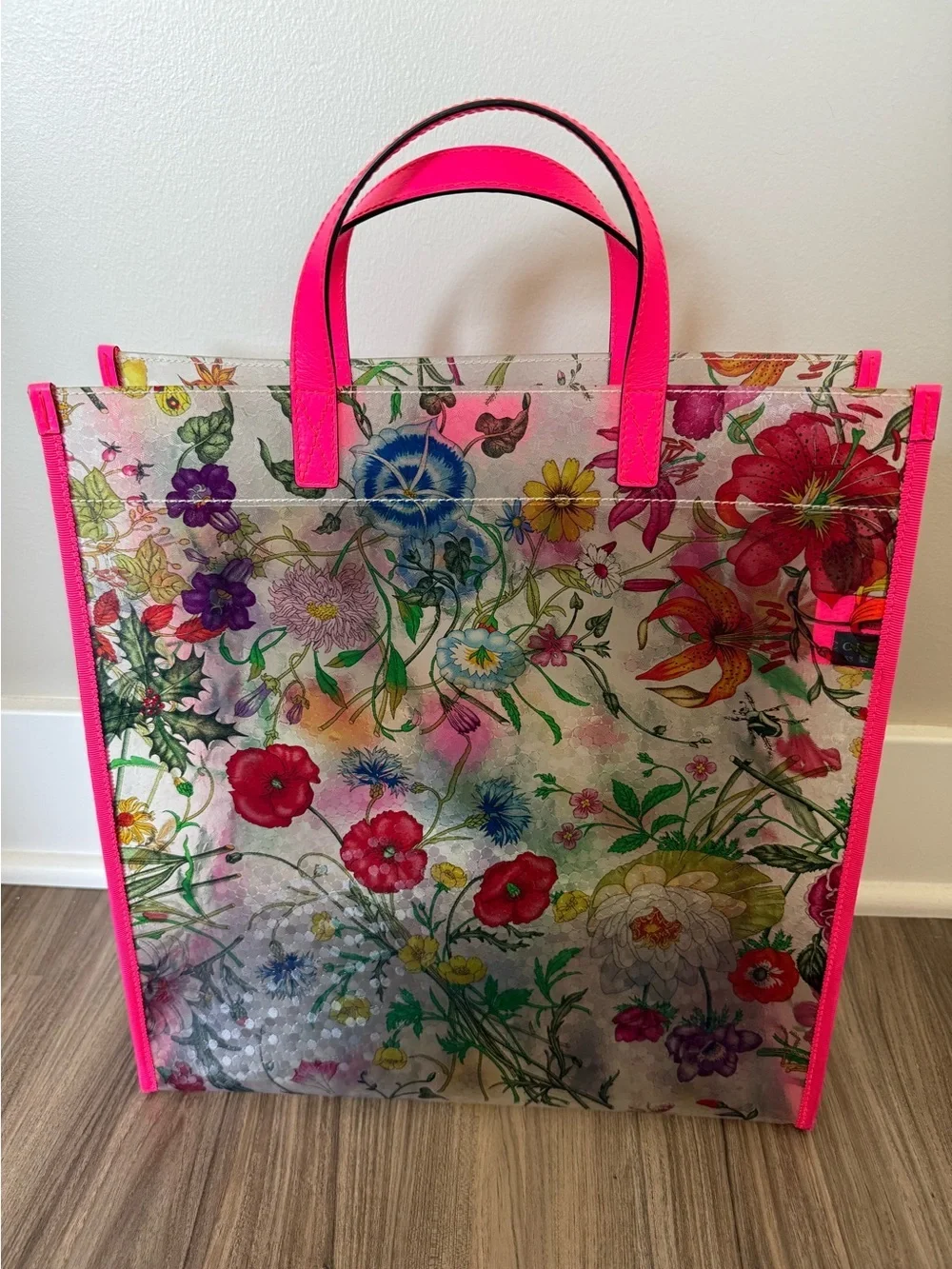 Gucci Floral Clear Tote with Hot Pink Trim